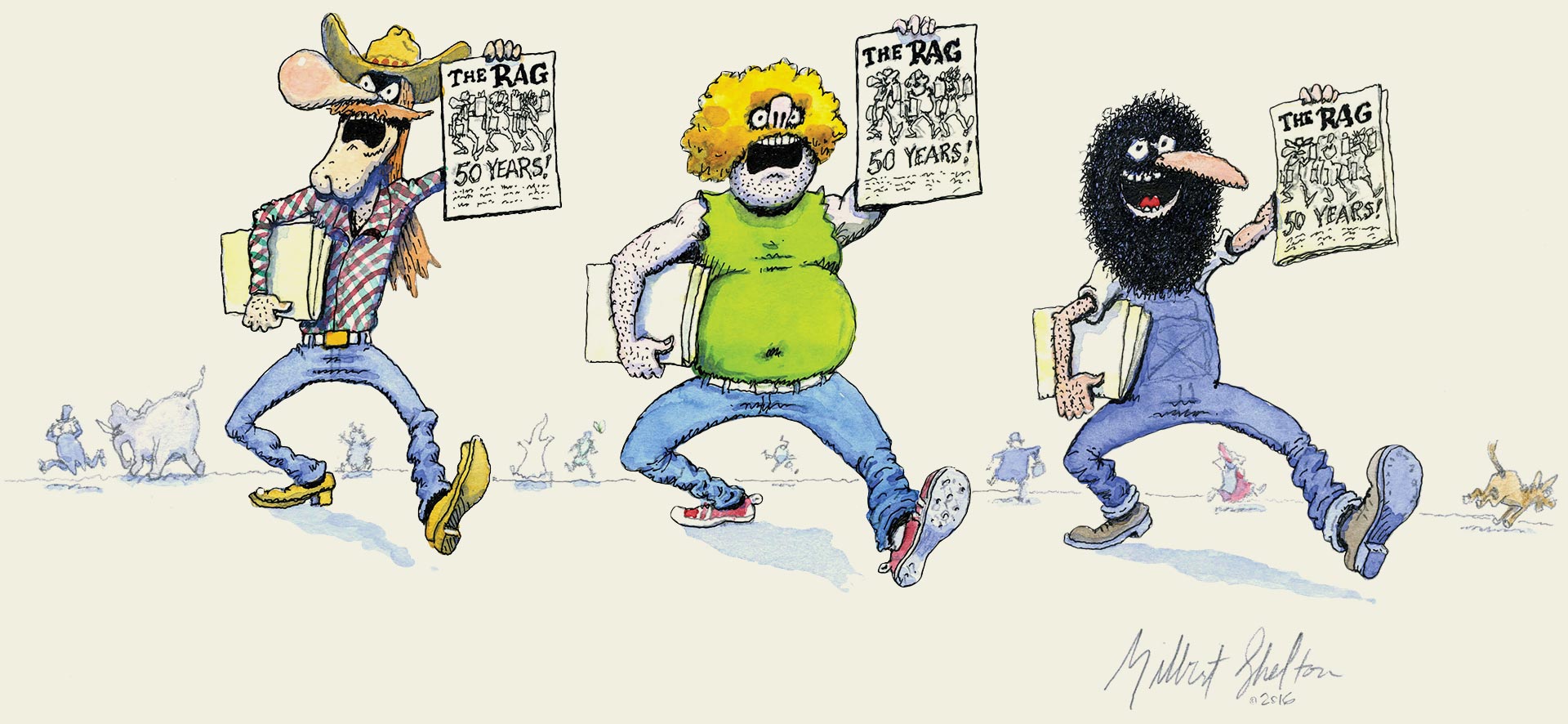Classic illustration of the 3 freak brothers holding newspapers
